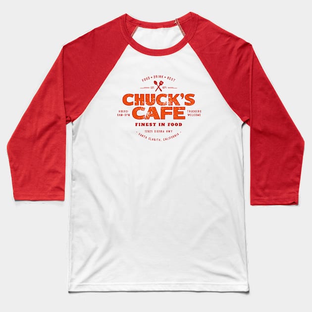 Chuck’s Cafe (aged look) Baseball T-Shirt by MoviTees.com